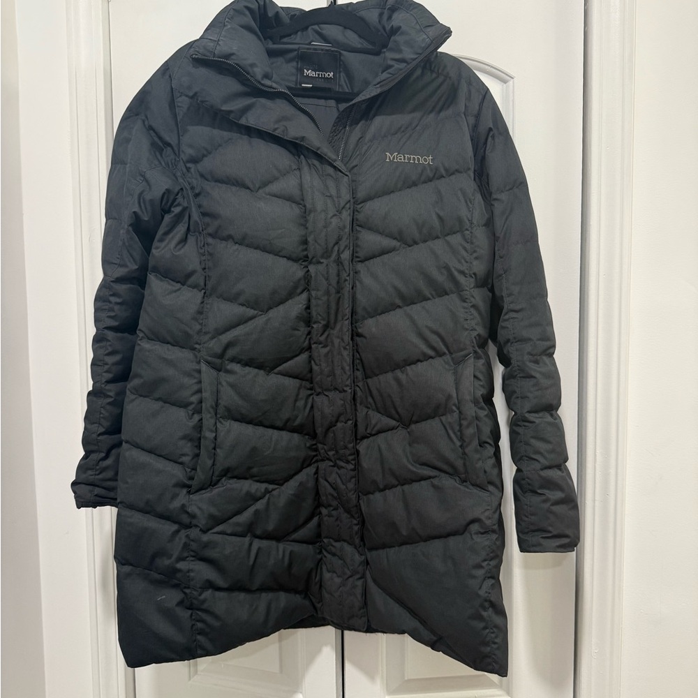 Women’s XL 700 Down Fill Marmot Black Jacket Removable Hood Great Condition!